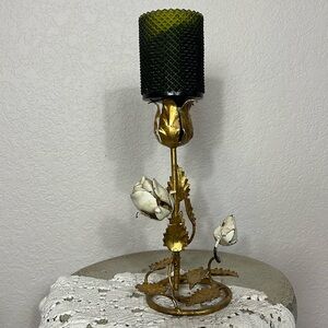 Made In Italy Gilded Gold Ornate Metal Rose Candlestick